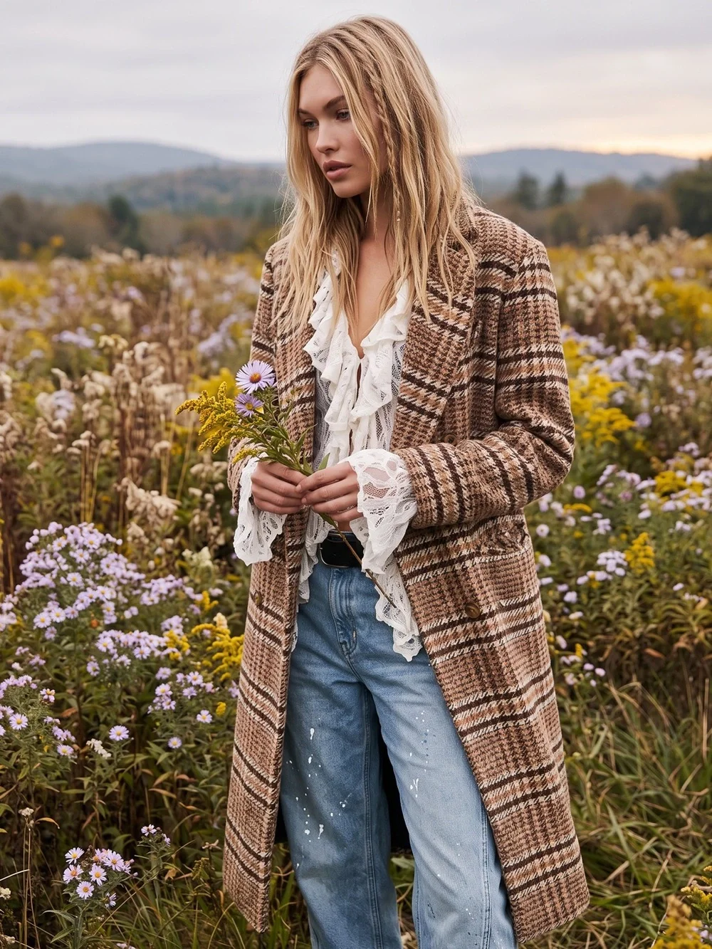 Free People Grunge Preppy Adore You Plaid Longline Wool Coat Brown Medium